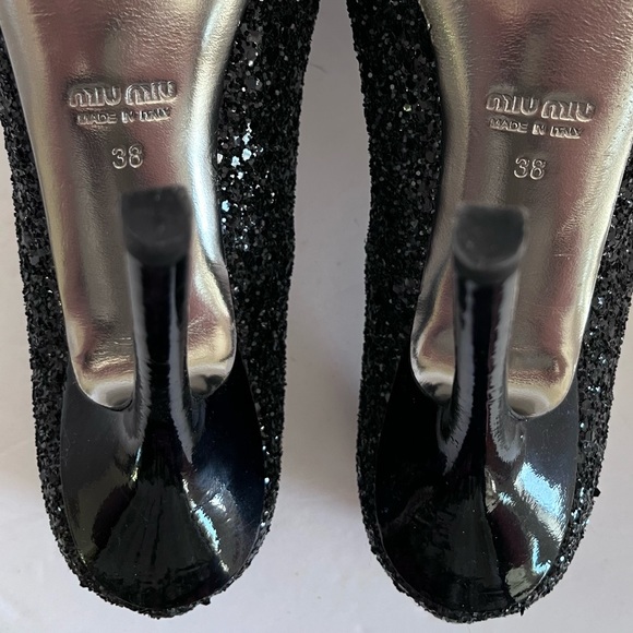 Miu Miu Prada Size 38 Black Glitter Round Toe Heels Pumps - Picture 14 of 16